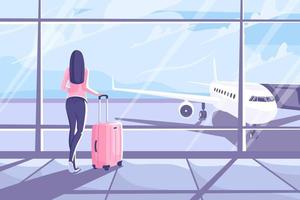 mujer joven con una maleta está de pie en la terminal del aeropuerto vector