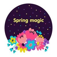 Flower bouquet and bright stars in the sky. The magic of spring against the background of the night sky. Magic ball of spring. Illustration for gift card. Drawing flowers. Arrangement for gift vector