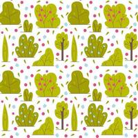 Bushes and trees, with flowers. Floral design for patterns or postcards. Foliage, green spaces. Flat vector illustration