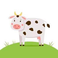 Cute white cow with brown spots stands on a green grass meadow vector