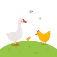 Cute poultry goose, hen and chick are walking on a green meadow vector