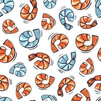 Bright food pattern with hand drawn sketch red and blue shrimp vector