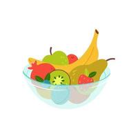 plato de vidrio de frutas jugosas maduras: plátano, naranja, granada, pera, manzana, kiwi, bayas aisladas en blanco vector