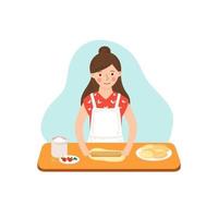 Young cute housewife rolls out dough on the kitchen table and prepares pastries vector