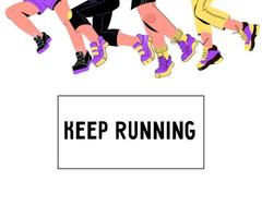 Keep running banner idea with legs of runners in sport shoes, cartoon vector illustration. Run competition or marathon bright colorful banner or poster template.