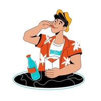 un joven en un restaurante de comida rápida come de una caja, ilustración vectorial de dibujos animados aislada en el fondo blanco. hombre comiendo con papas fritas y bebiendo agua con gas. vector