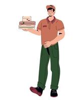 Young man courier of delivery services holding boxes, cartoon vector illustration isolated on white background. Restaurant or cafe delivery staff at work.