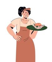 camarera amable y sonriente sosteniendo una bandeja con comida, ilustración de vectores de dibujos animados aislada en fondo blanco. trabajador de restaurante de comida rápida o camarera sirviendo comida.