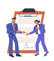 Business negotiation and contract signing concept with tiny business people in front of contract page. Business people sign paper, formal partnership agreement, flat vector illustration isolated.