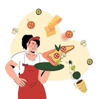 Attractive waitress holding a tray with slice of pizza. Pizzeria or Italian restaurant waitress surrounded by pizza ingredients, cartoon vector illustration isolated on white background.