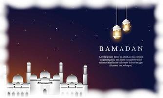 Vector graphic of Ramadan Kareem with White Mosque and Lantern. Fit for greeting card, wallpaper and other ramadan background.