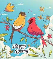 pájaro cardenal y jilguero posado en una rama de árbol para el concepto de primavera feliz vector