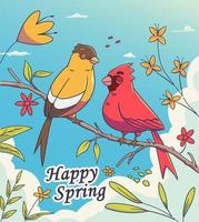 Cardinal and Goldfinch Bird Perched on a Tree Branch for Happy Spring Concept vector