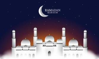 Vector graphic of Ramadan Kareem with White Mosque and night sky background. Fit for greeting card, wallpaper and other ramadan background.