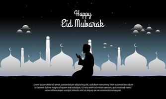 Vector graphic of Ramadan Kareem with silhouette of Moslem Praying on Night Scene Background