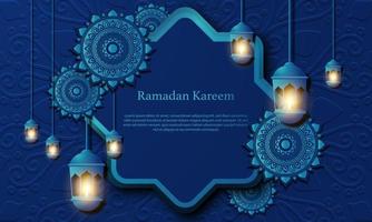 Vector graphic of Ramadan Kareem with blue lantern background. Fit for greeting card, wallpaper and other.