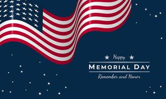 Memorial Day Background. Remember and Honor. Banner Design. USA flag waving with stars on blue background. vector