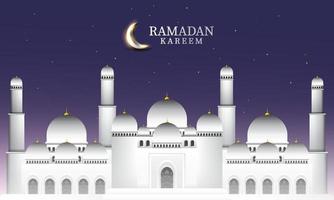 Vector graphic of Ramadan Kareem with White Mosque and night sky background. Fit for greeting card, wallpaper and other ramadan background.