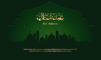 fondo de eid mubarak con caligrafía árabe y silueta de mezquita. vector