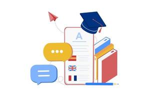 moderno 3d isométrico de aprendizaje de idiomas en línea, plantilla de banner de cursos de idiomas para sitios web y desarrollo móvil. traducción literal, asistente personal, concepto de e-learning. ilustración vectorial vector