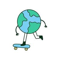 personaje del planeta tierra montando una patineta, ilustración para camisetas, pegatinas o prendas de vestir. con estilo de dibujos animados retro. vector