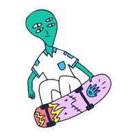 extraterrestre con estilo libre de cuatro ojos con patineta, ilustración para camisetas, pegatinas o prendas de vestir. con estilo garabato, retro y caricatura. vector