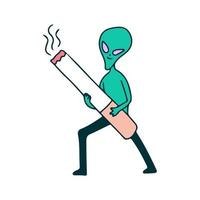 personaje alienígena con cigarrillo, ilustración para camisetas, pegatinas o prendas de vestir. con estilo garabato, retro y caricatura. vector