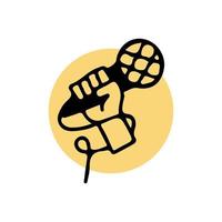 Rising hand holding a microphone, illustration for t-shirt, sticker, or apparel merchandise. With doodle, retro, and cartoon style. vector