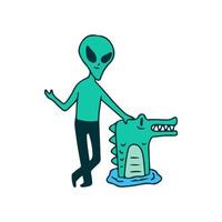 alienígena y cocodrilo, ilustración para camisetas, pegatinas o prendas de vestir. con estilo garabato, retro y caricatura. vector