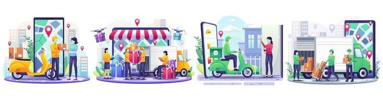 Set of Delivery concept illustration with Delivery man courier and scooter deliver a parcel to customer. Online Food Delivery. Flat style vector illustration