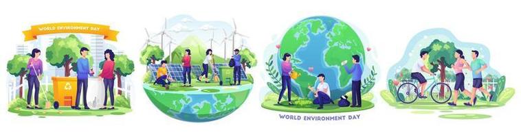 conjunto del día mundial del medio ambiente con personas que cuidan la tierra mediante la jardinería y la limpieza para salvar el planeta. ilustración vectorial de estilo plano vector