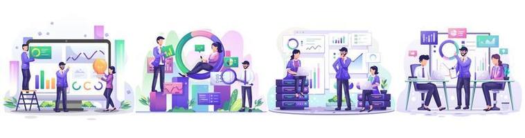 Set of Business Analysis concept, People working with charts and graphic data visualization. Flat style vector illustration