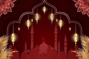 Ramadan Kareem Islamic background with mosque red color and beautiful lamp vector