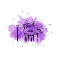 Contours of poppy flowers on a purple spot of watercolor paint vector