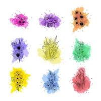 Outline of different kinds of flowers on the background of watercolor spots vector