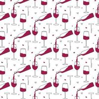 Vector pattern with glass and bottle of red wine. Pattern with corkscrew and wine. Doodle style.