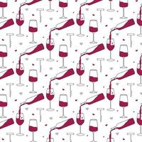 Vector pattern with glass and bottle of red wine. Pattern with corkscrew and wine. Doodle style.