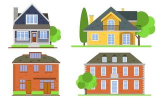 Houses exterior vector illustration front view with roof. Modern. Townhouse building apartment. Home facade with doors and windows.