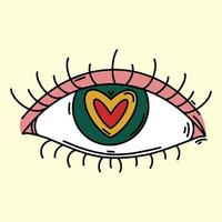 Human eye with dilated pupil vector icon. Hand drawn vintage illustration. Psychedelic clipart, heart pupil. Trippy high eye. Hippie sign, print for decoration, t-shirt design, sticker, card