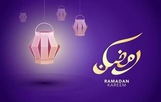 Ramadan Kareem 2022 greeting with calligraphy lettering Ramadan mubarak with lamp on night background vector