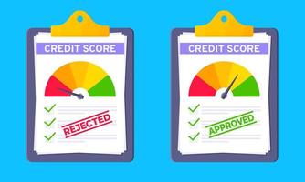 Niveles de color del indicador del velocímetro del indicador de puntuación de crédito rechazados y aprobados en el conjunto del portapapeles. vector