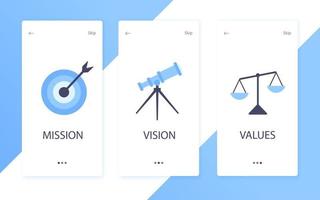 Mission, vision and values flat style design icons signs web concepts vector illustration set isolated on white background.