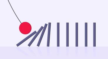 Domino effect business concept. Big red ball starts row of falling blocks of dominoes flat style vector illustration.