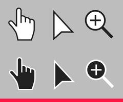 flecha en blanco y negro, mano y lupa iconos de cursor de ratón sin píxeles conjunto de ilustraciones vectoriales vector