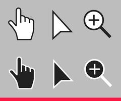 Black and white arrow, hand and magnifier non pixel mouse cursor icons vector illustration set