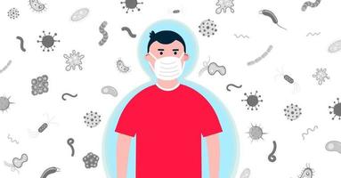 Kid boy with protection mask with grayscale bacterias and microbes behind him flat style design vector illustration isolated on white background. Flu and season diseases protection concept. Be healthy