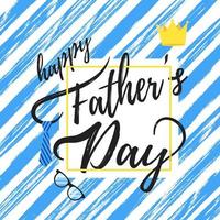 Happy Father's day postcard flat style design vector illustration isolated on white background. Lettering words, glasses, crown, brush stroke, tie and mustaches - symbols of super dad.