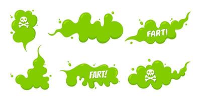 Smelling green cartoon fart cloud flat style design vector illustration with text fart set.