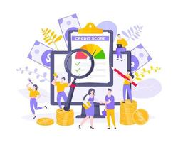 Credit score report with arrow gauge speedometer indicator with color levels on giant clipboard. vector
