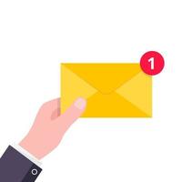 Hand hold yellow envelope letter with number 1 on it. E-mail concept new message or sms flat style design vector illustration isolated on white background. Message or sms delivering and notification.